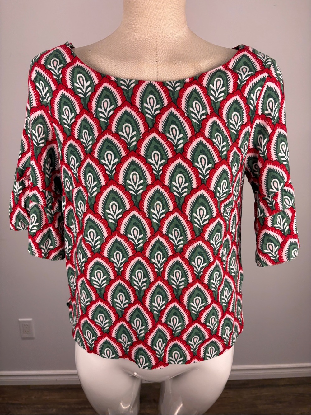 Twik Simons Geometric Peacock Feather Print Blouse 3/4 Flutter Sleeve XS